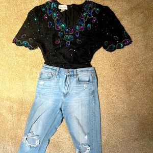 Vintage silk sequined top size Large